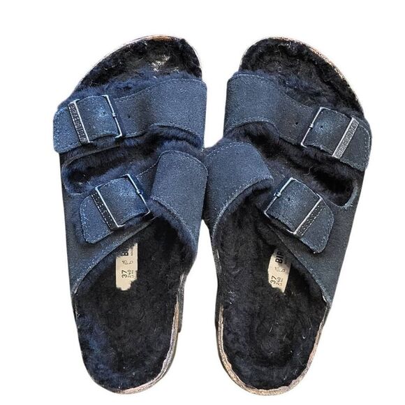 Birkenstock Sandals Women's 7 Black Arizona Shearling Lined Cozy Suede Leather - Picture 3 of 6